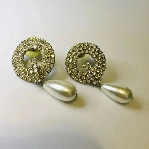 Vtg LS Ayres Womens Silver Round Pave Crystal Drop Faux Pearl Stud Earrings OS - Picture 1 of 6